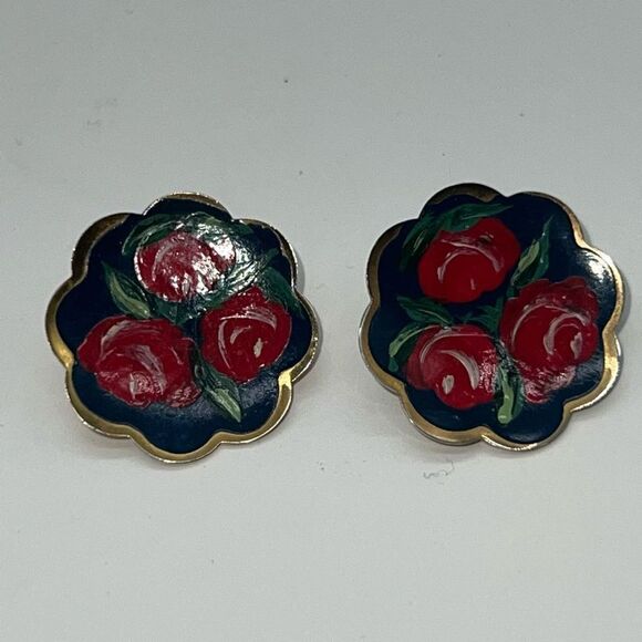 Vintage Hand Painted Clip Earrings - Picture 1 of 7